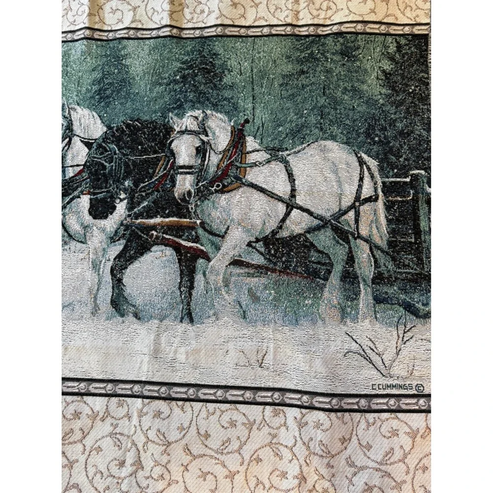 VTG C Cummings Horses Winter Sleigh Woven Tapestry Throw Blanket RARE White